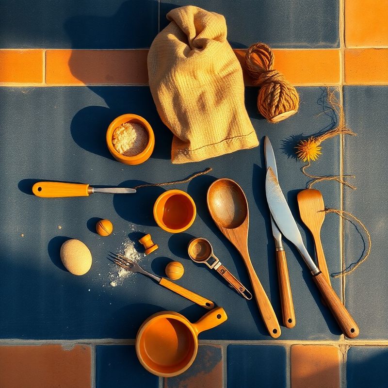Composición aérea de productos artesanales y herramientas sobre superficie tono índigo